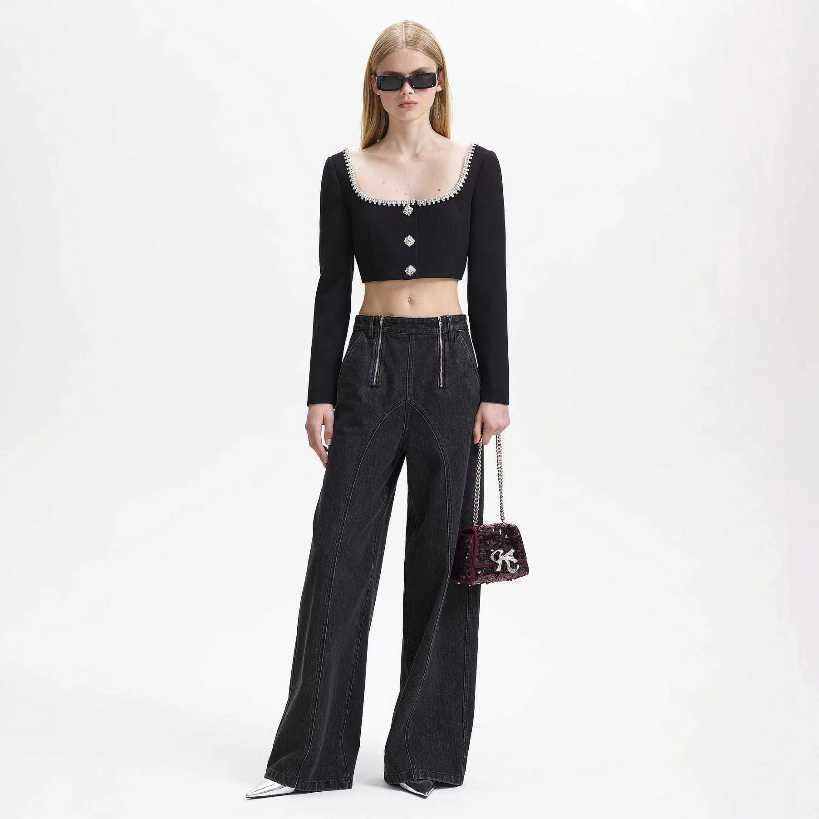 Self-portrait Topper>Black Check Boucle Crop Top