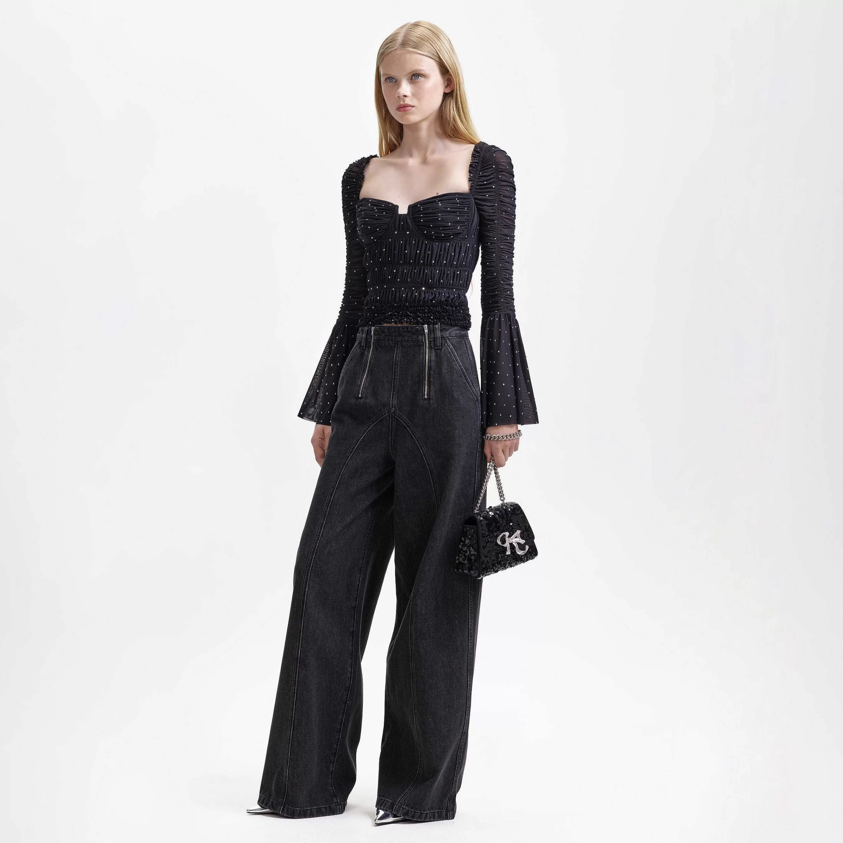 Self-portrait Topper>Black Mesh Rhinestone Topp