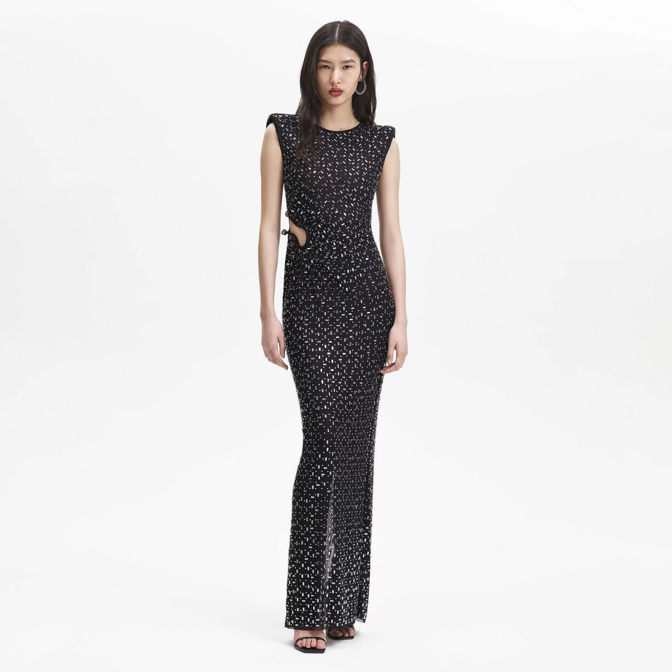 Self-portrait Kjoler>Black Square Rhinestone Mesh Maxi Dress