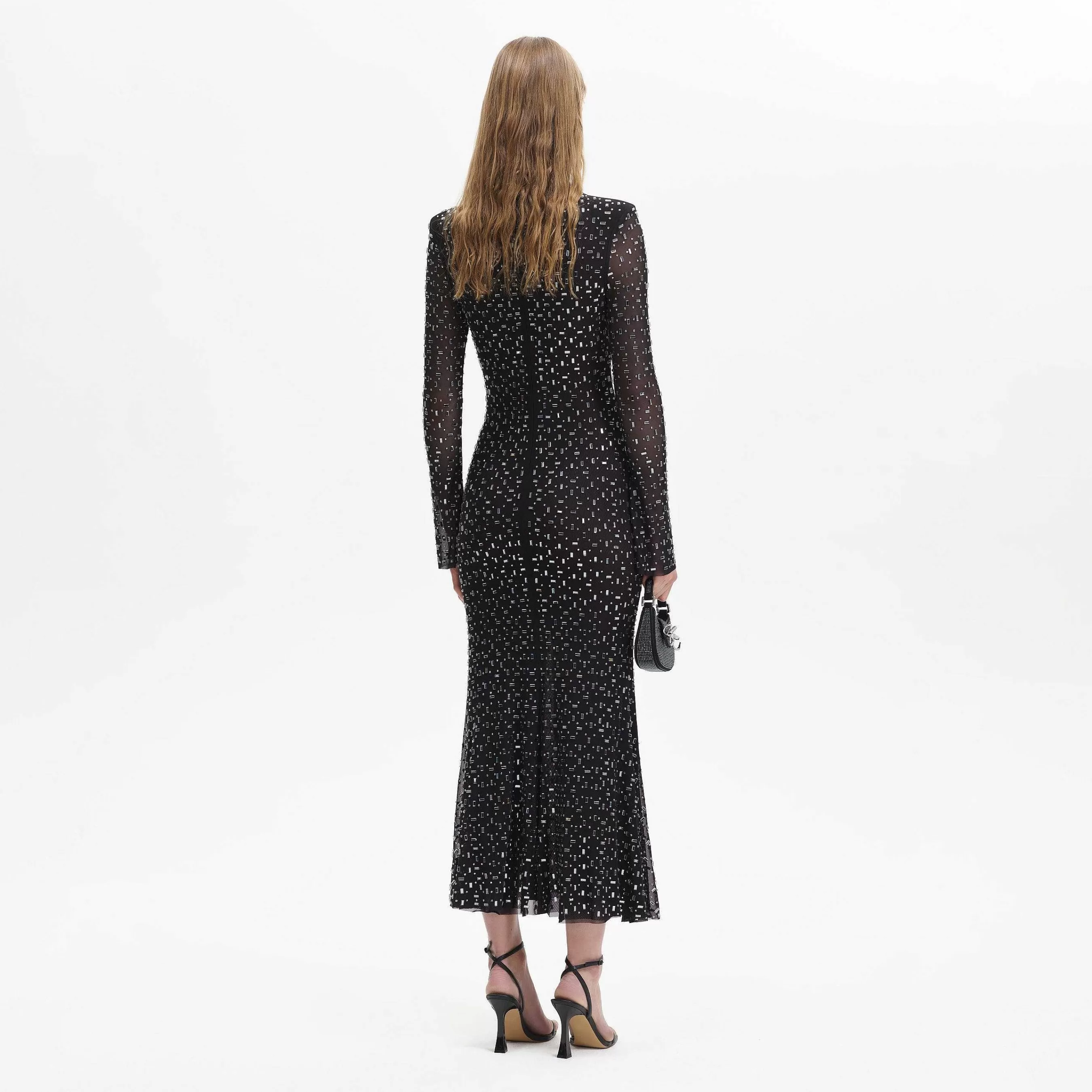 Self-portrait Bryllupsgjest>Black Square Rhinestone Mesh Midi-Kjole