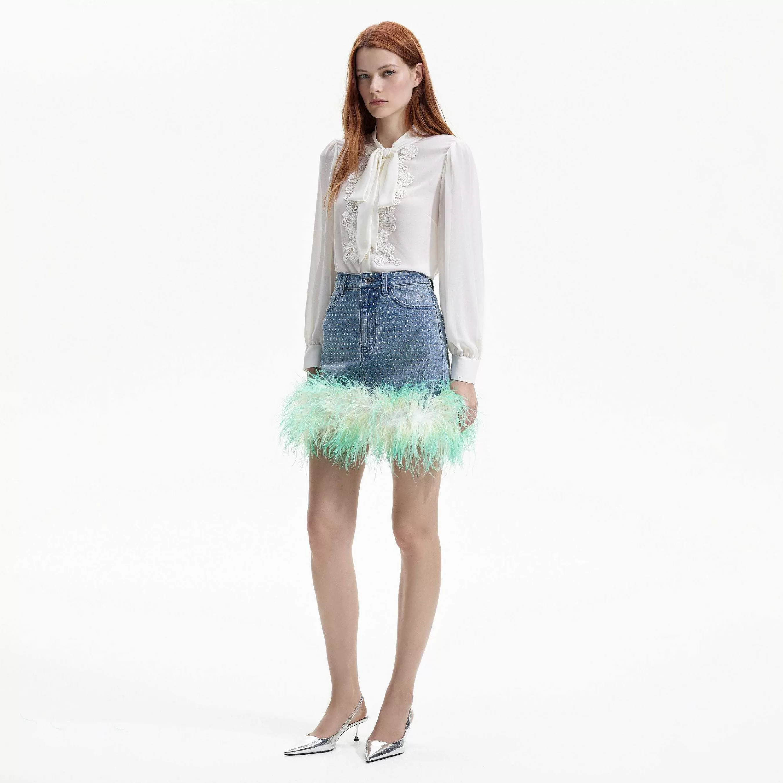 Self-portrait Bunner>Blue Rhinestone Feather Denim-Skjort