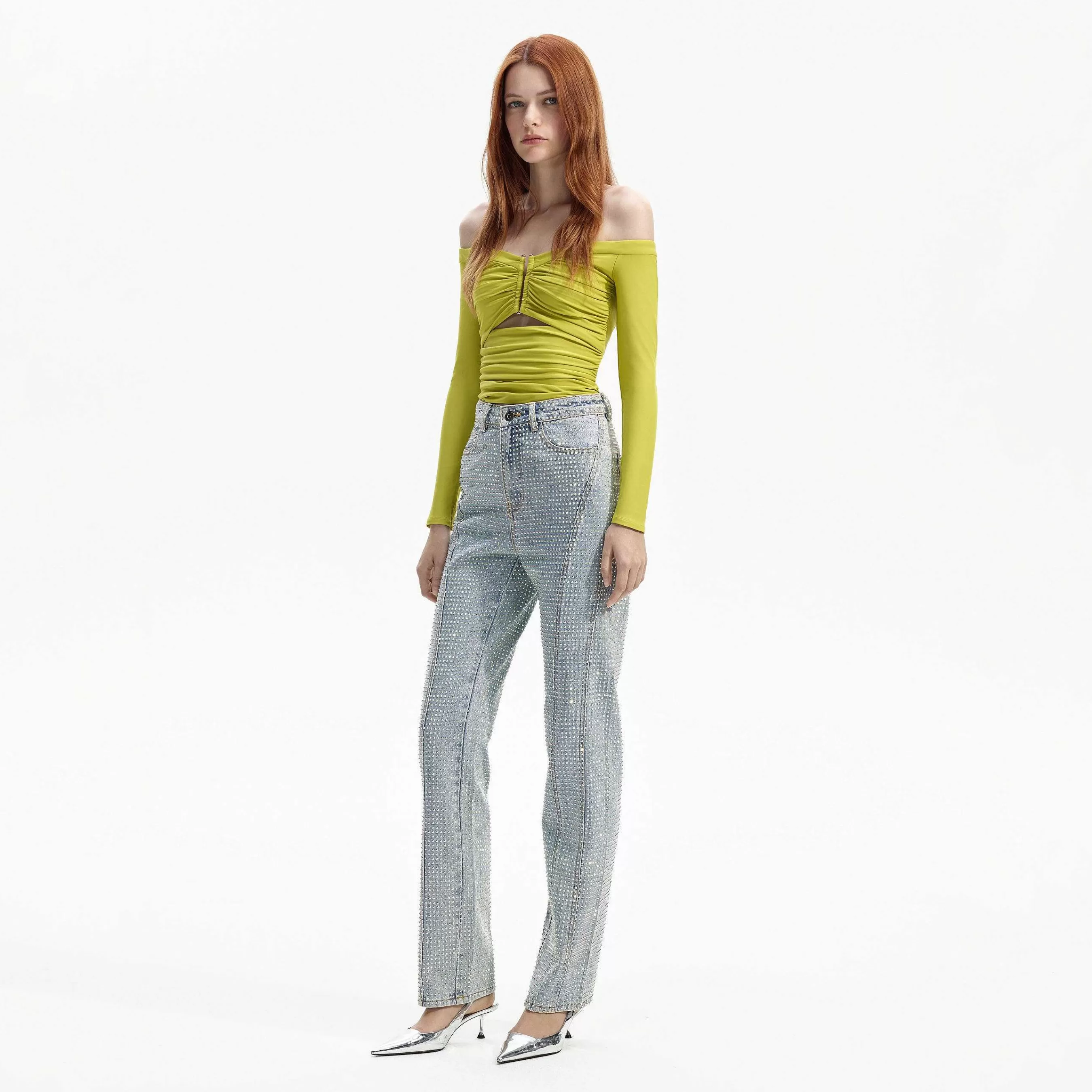 Self-portrait Topper>Chartreuse Jersey Off Shoulder Topp