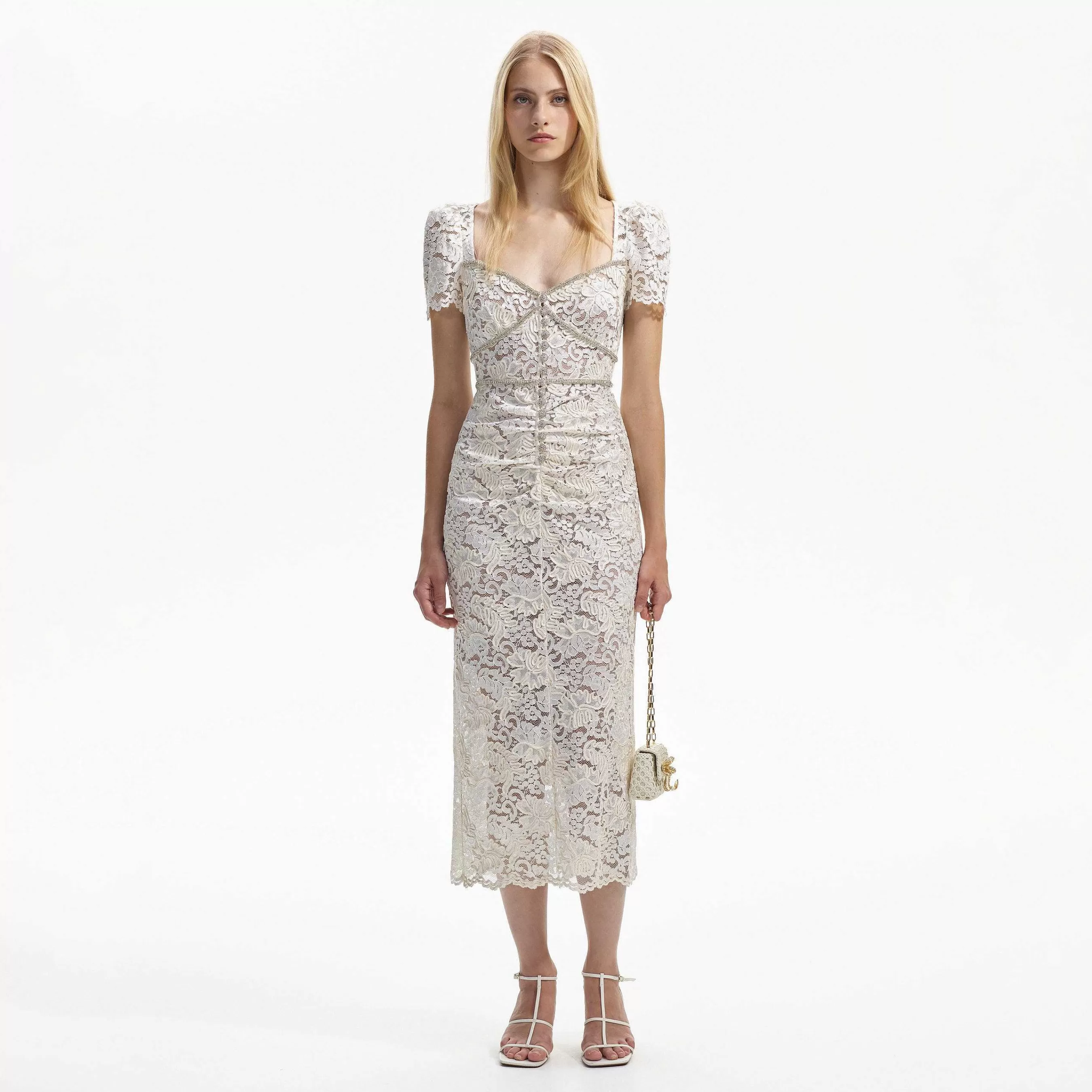 Self-portrait Brud>Cream Cord Lace Midi-Kjole