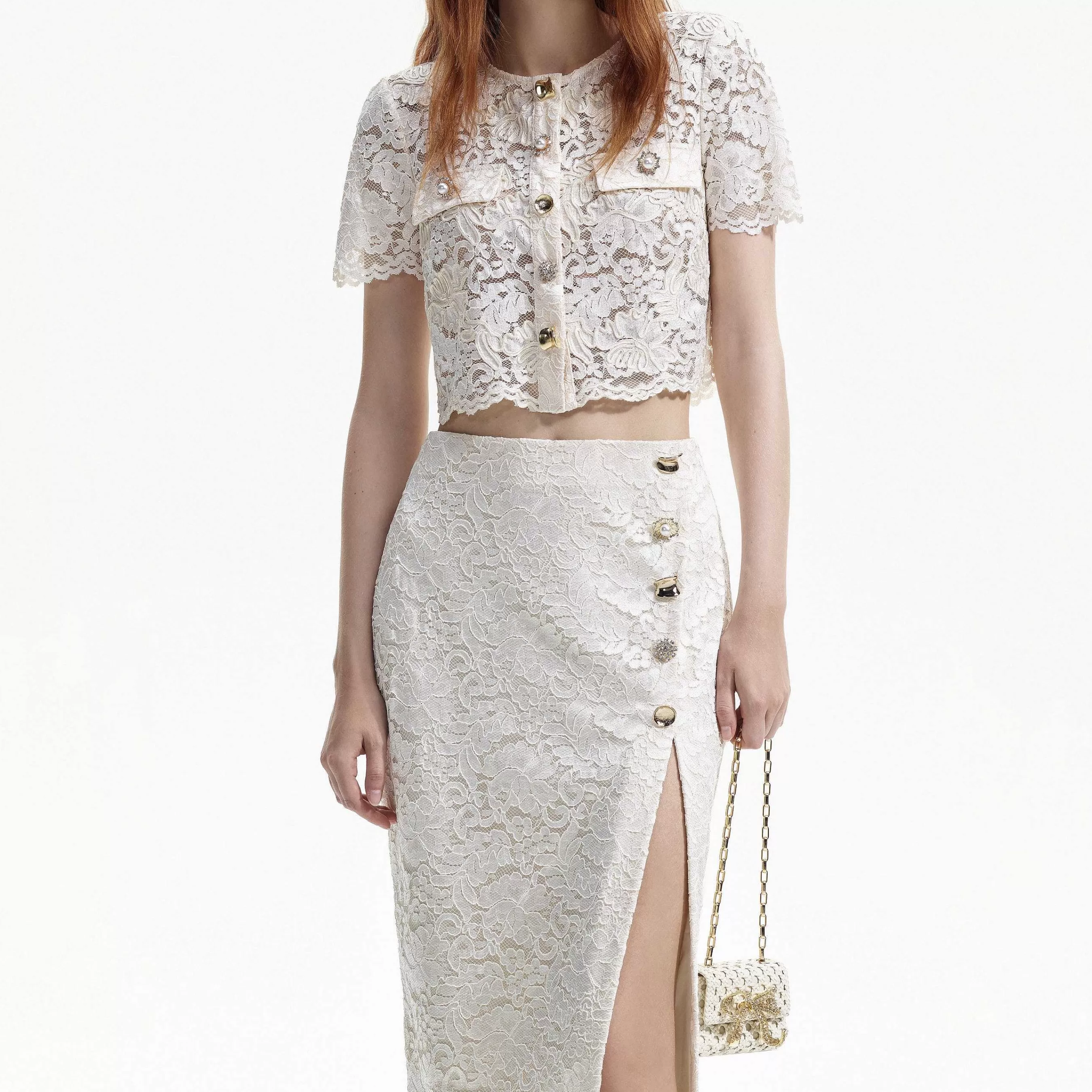 Self-portrait Bunner>Cream Cord Lace Split Midi-Skjort