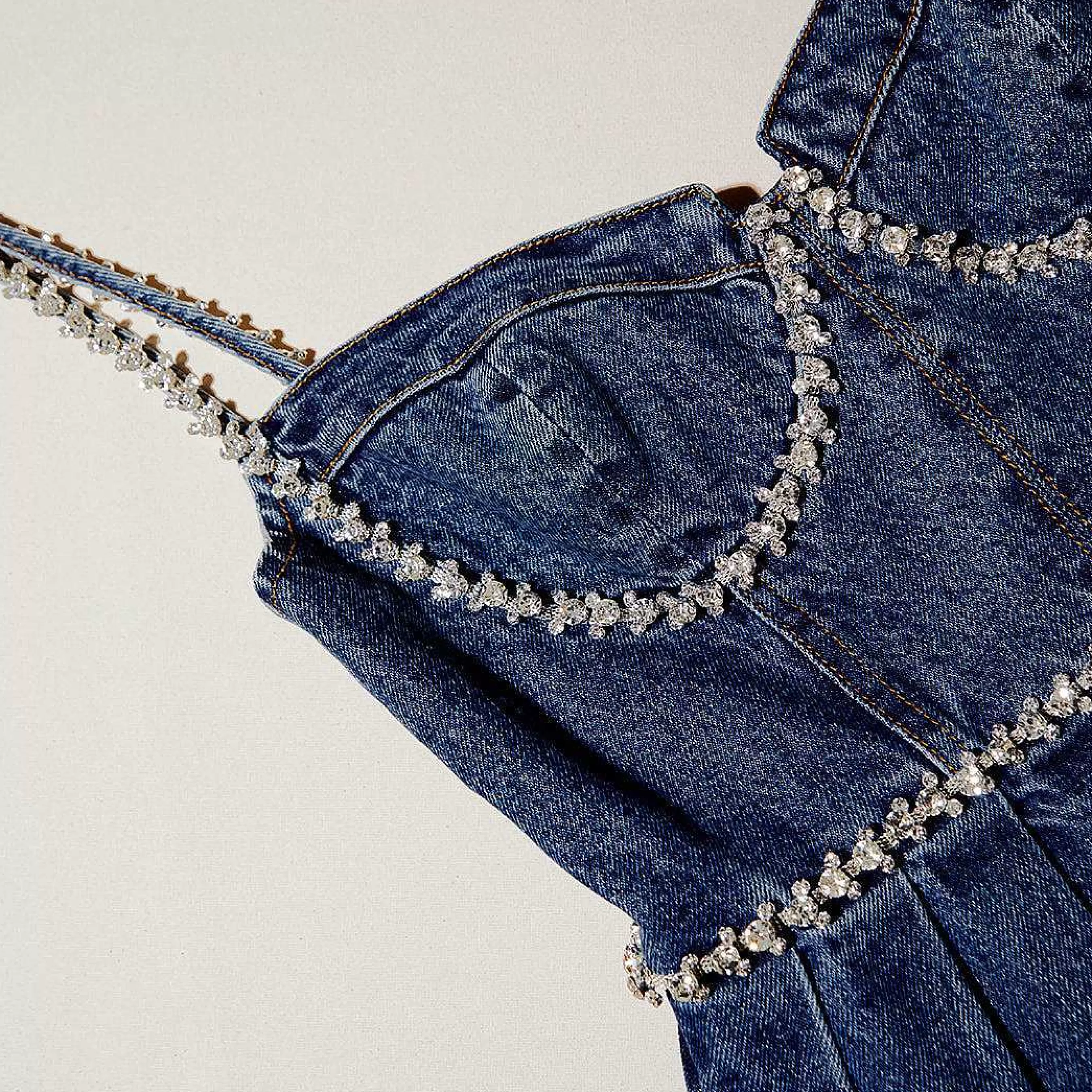 Self-portrait Denim>Diamante Detail Denim Minikjole