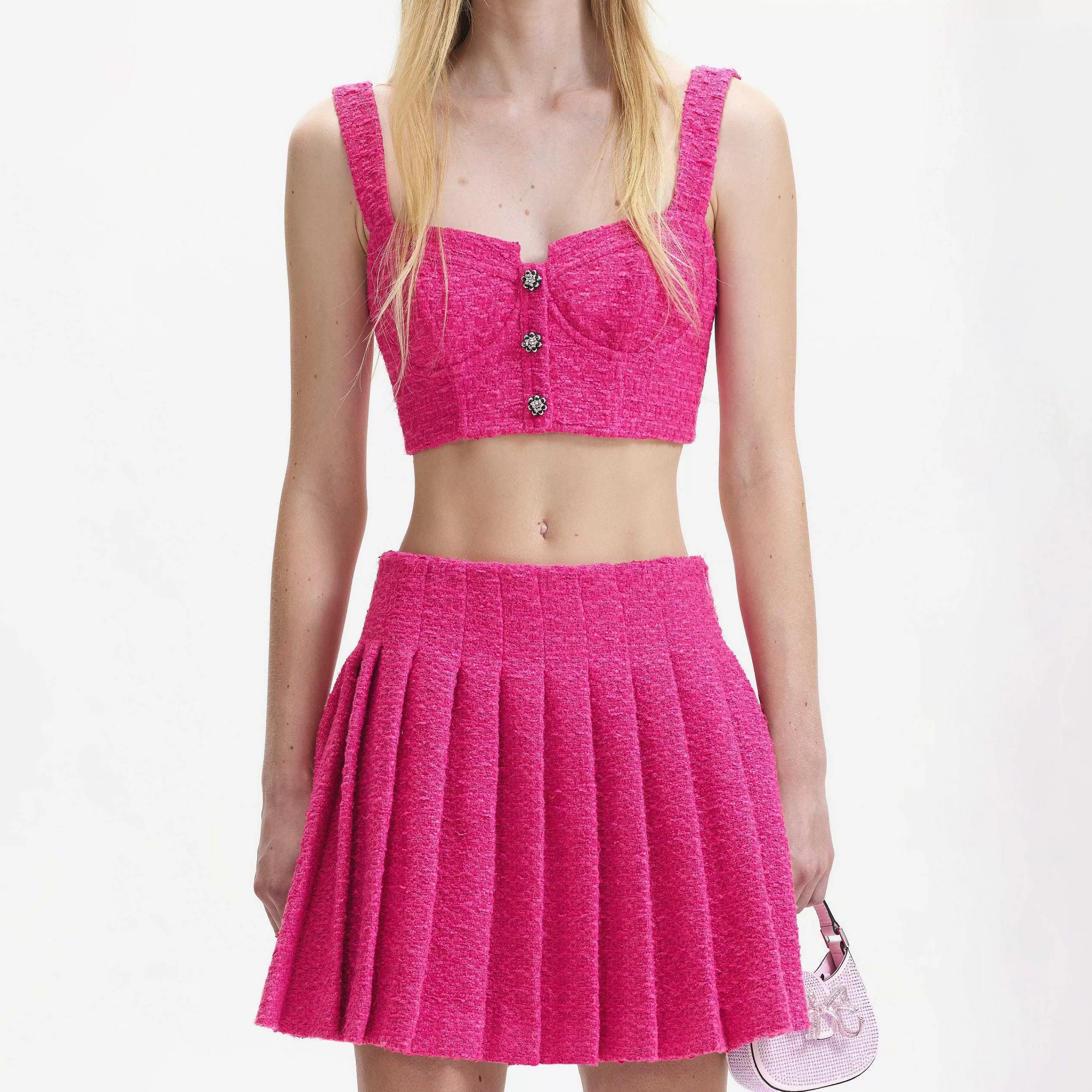 Self-portrait Topper>Fuchsia Boucle Crop Top