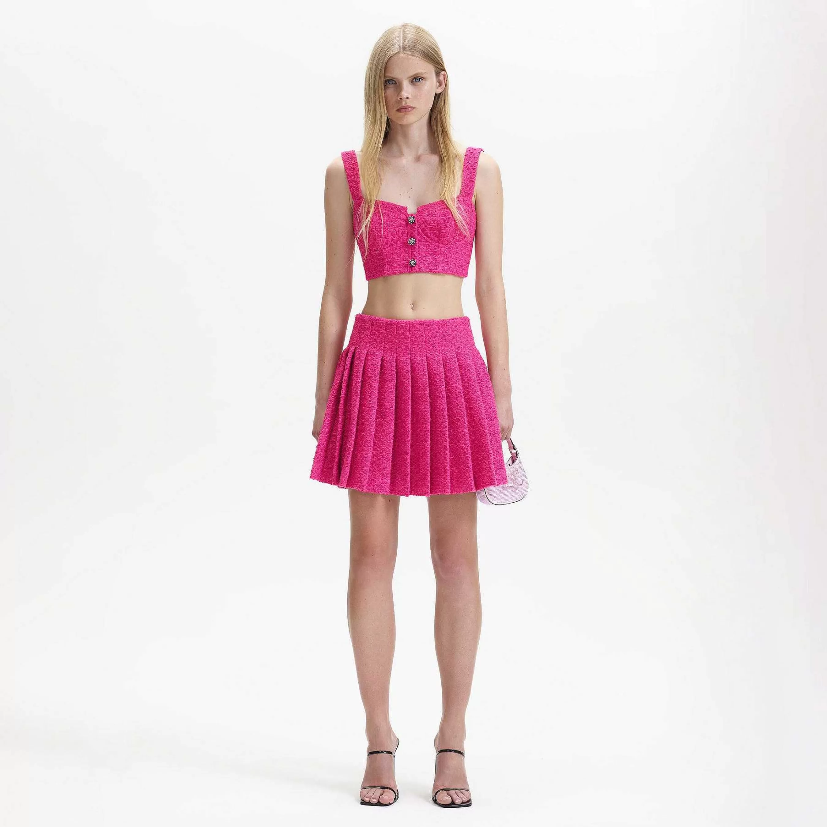 Self-portrait Topper>Fuchsia Boucle Crop Top