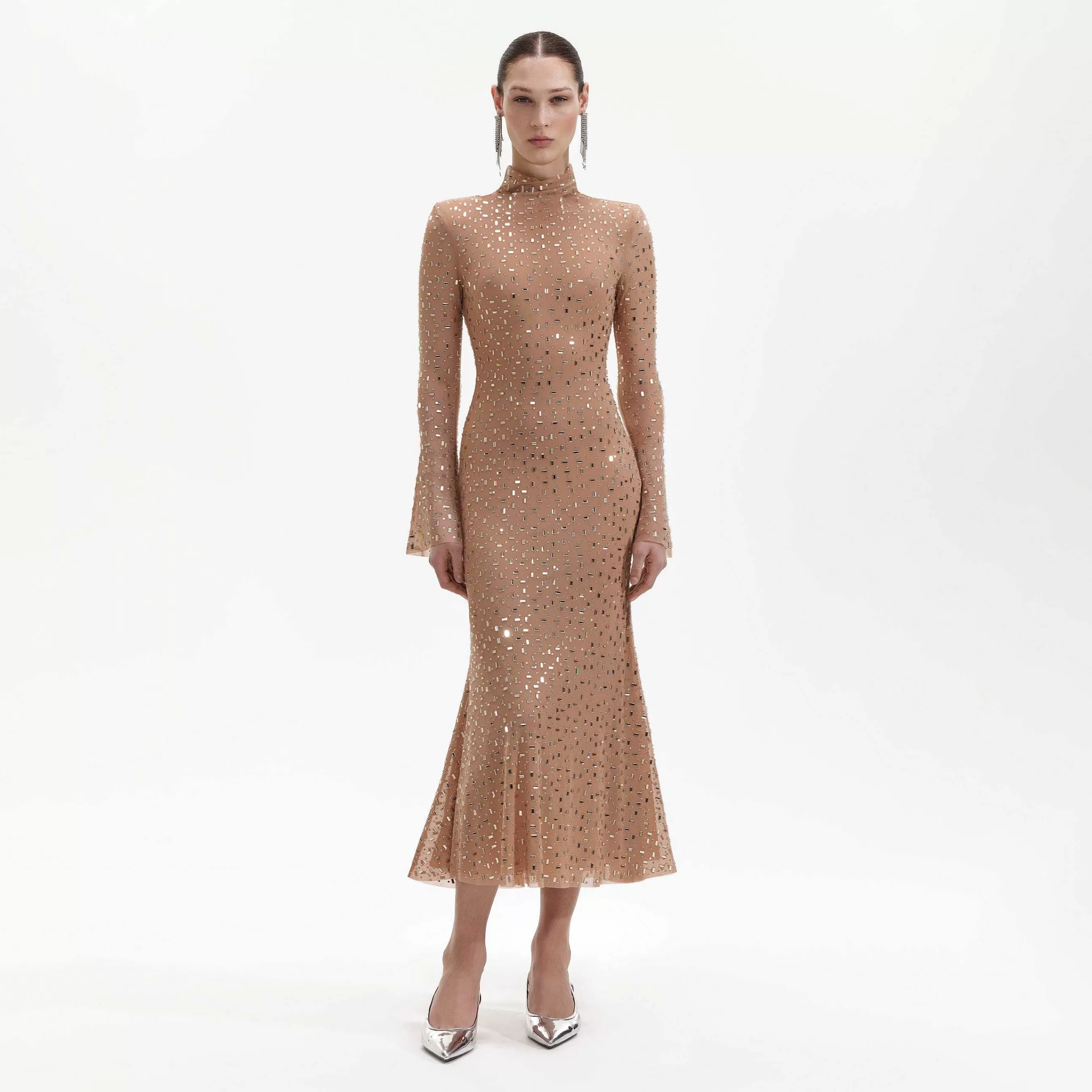 Self-portrait Kjoler>Gold Square Rhinestone Mesh Midi-Kjole