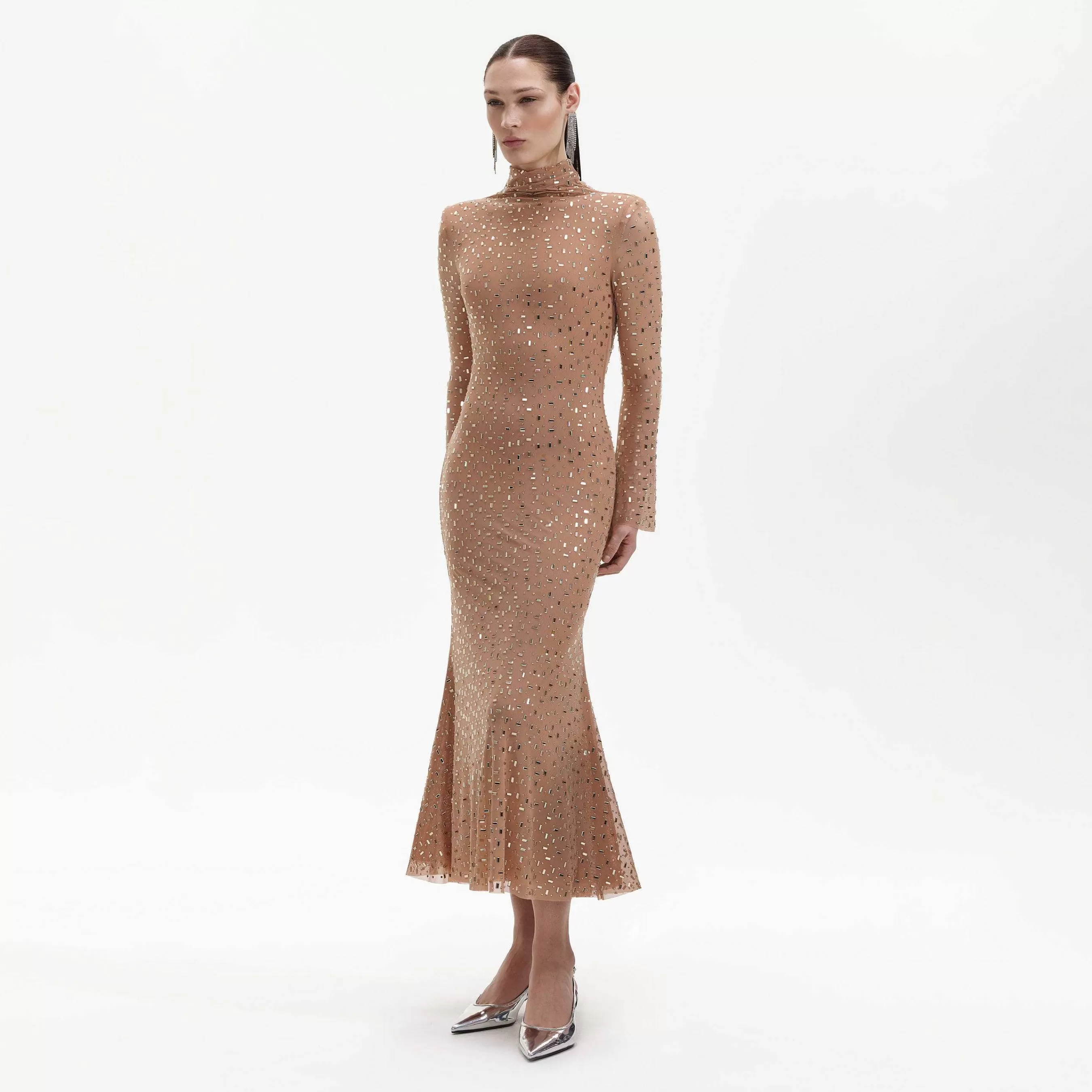 Self-portrait Kjoler>Gold Square Rhinestone Mesh Midi-Kjole