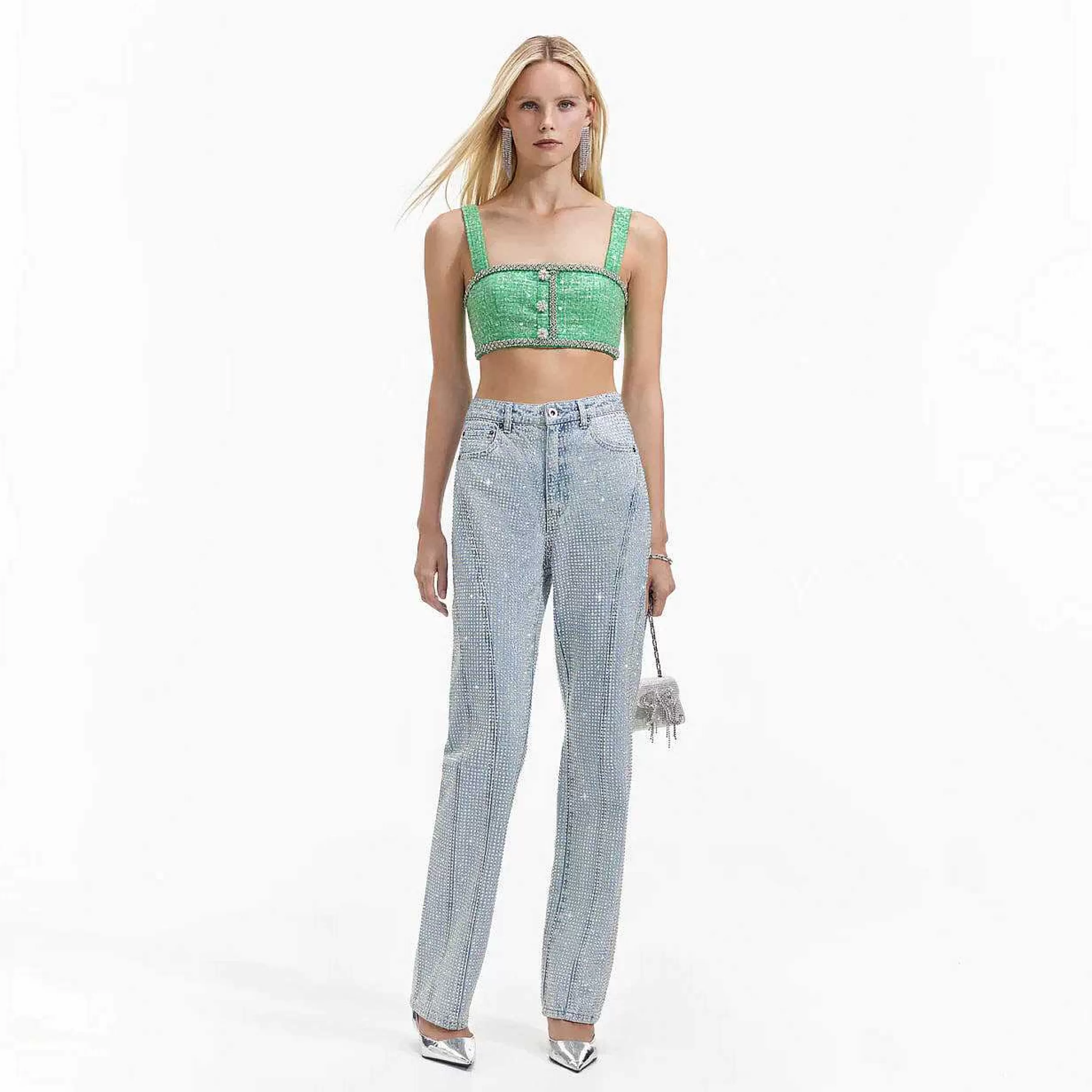 Self-portrait Topper>Gronn Boucle Crop Top