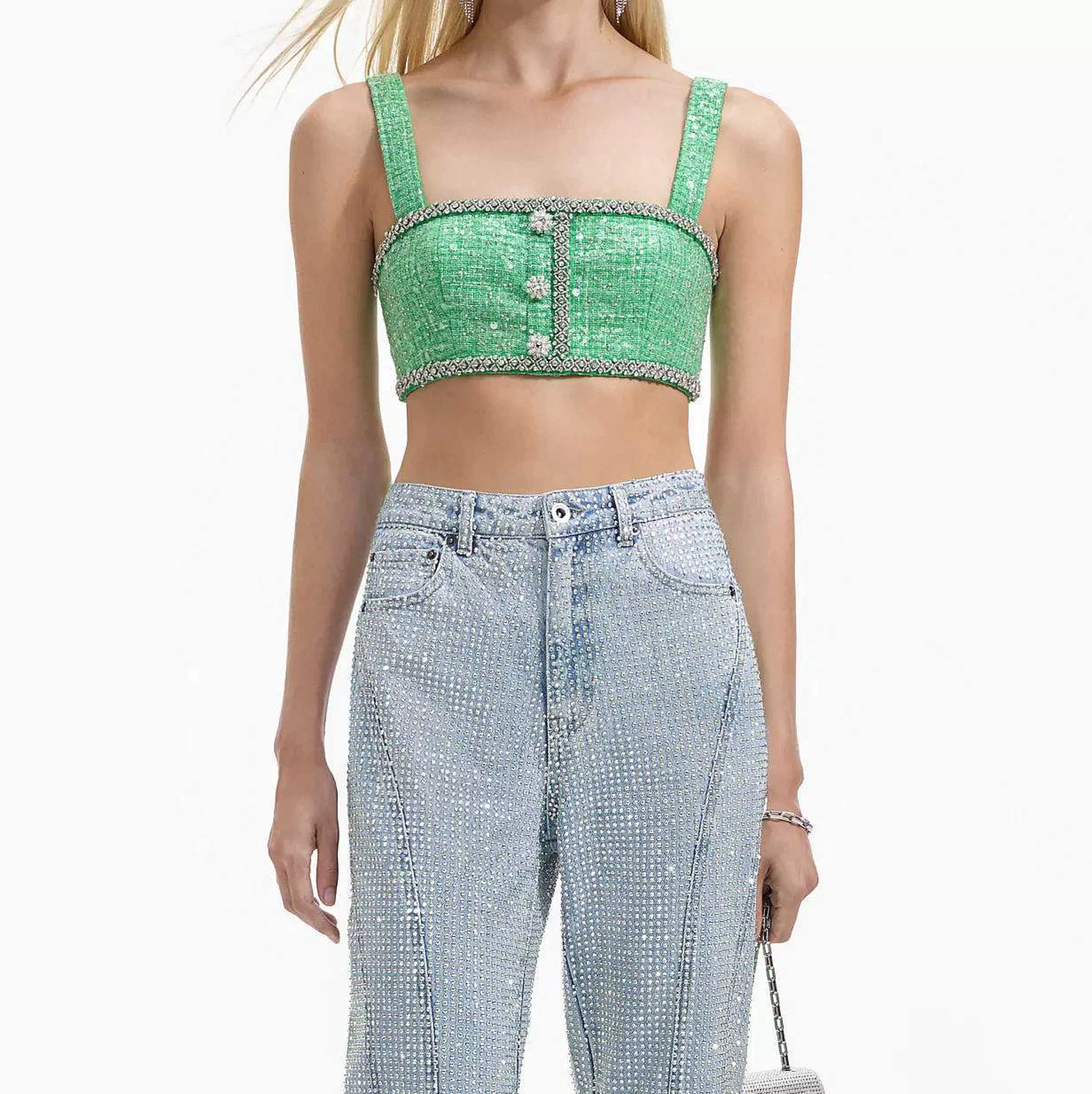 Self-portrait Topper>Gronn Boucle Crop Top