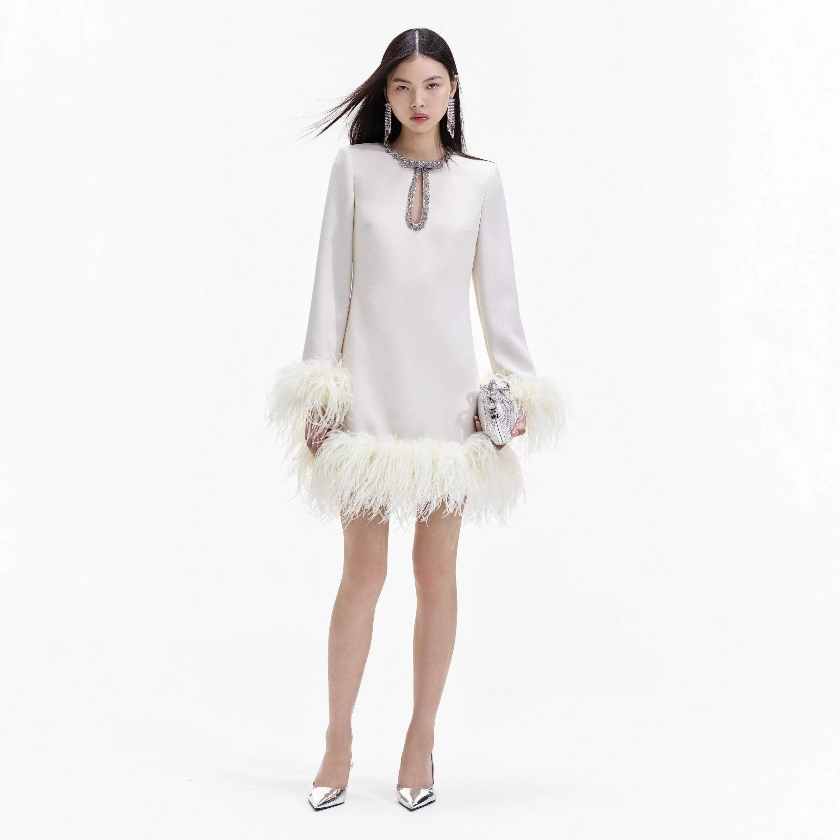 Self-portrait Kjoler>Krem Crepe Feather Mini Dress