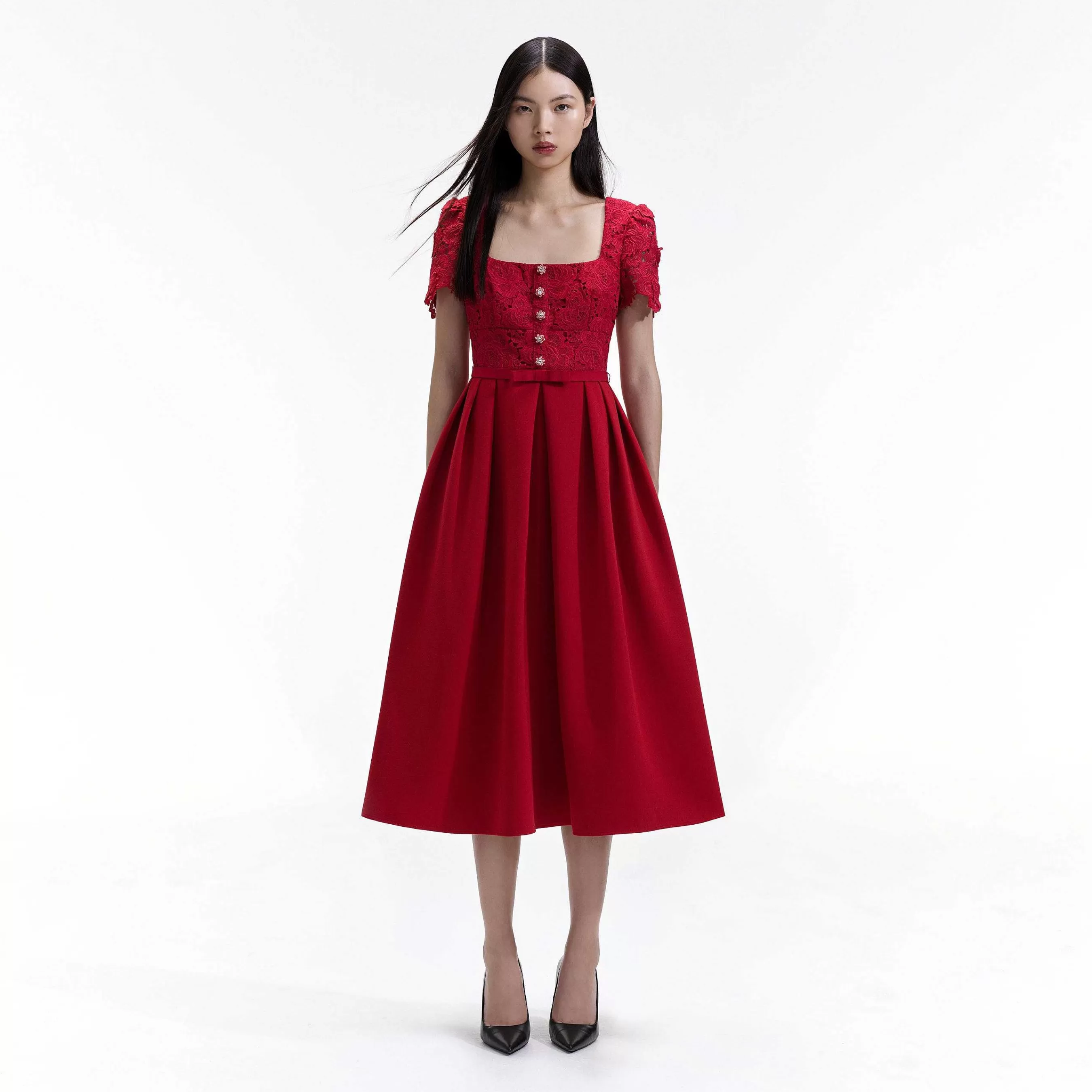 Self-portrait Bryllupsgjest>Red Lace Crepe Midi-Kjole