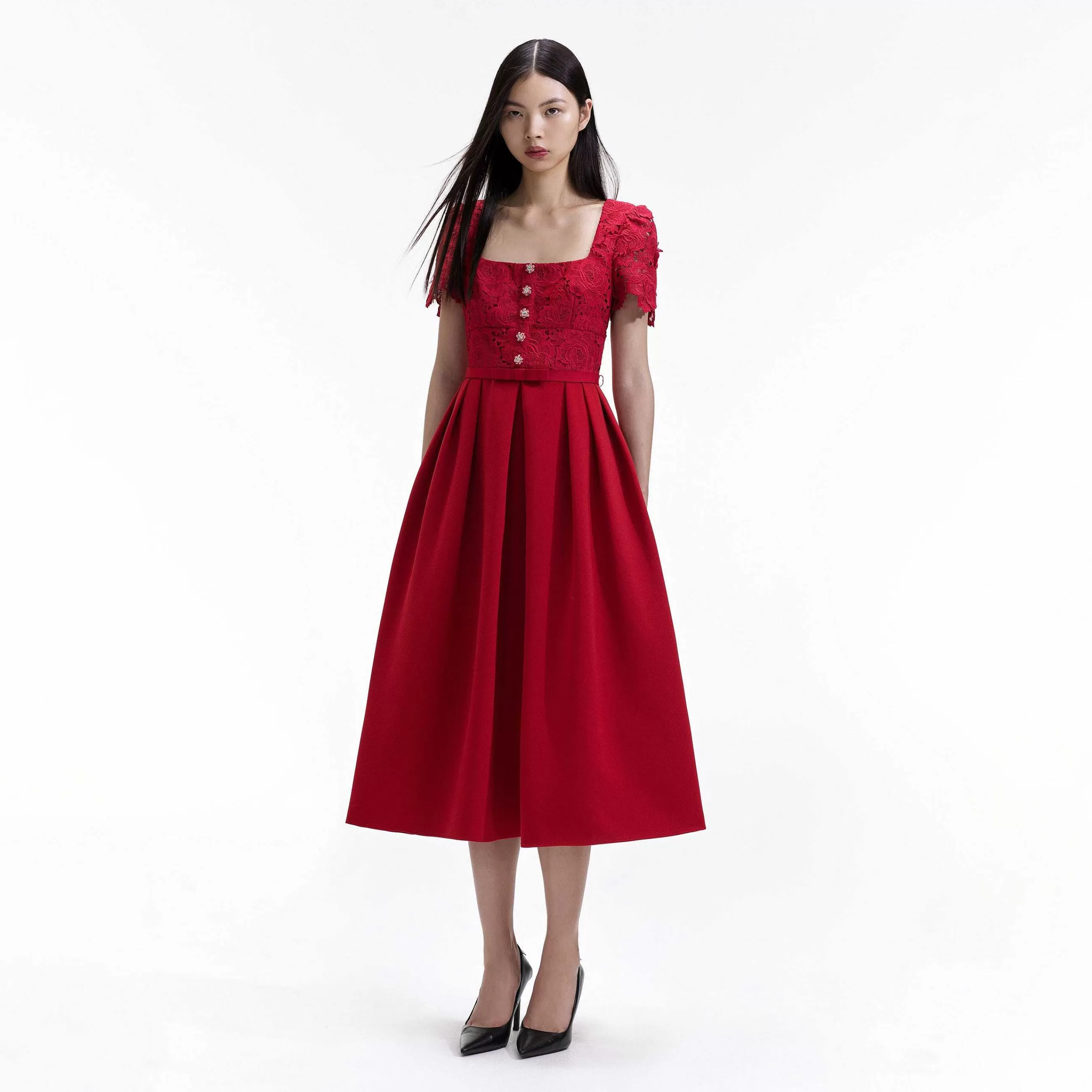 Self-portrait Bryllupsgjest>Red Lace Crepe Midi-Kjole