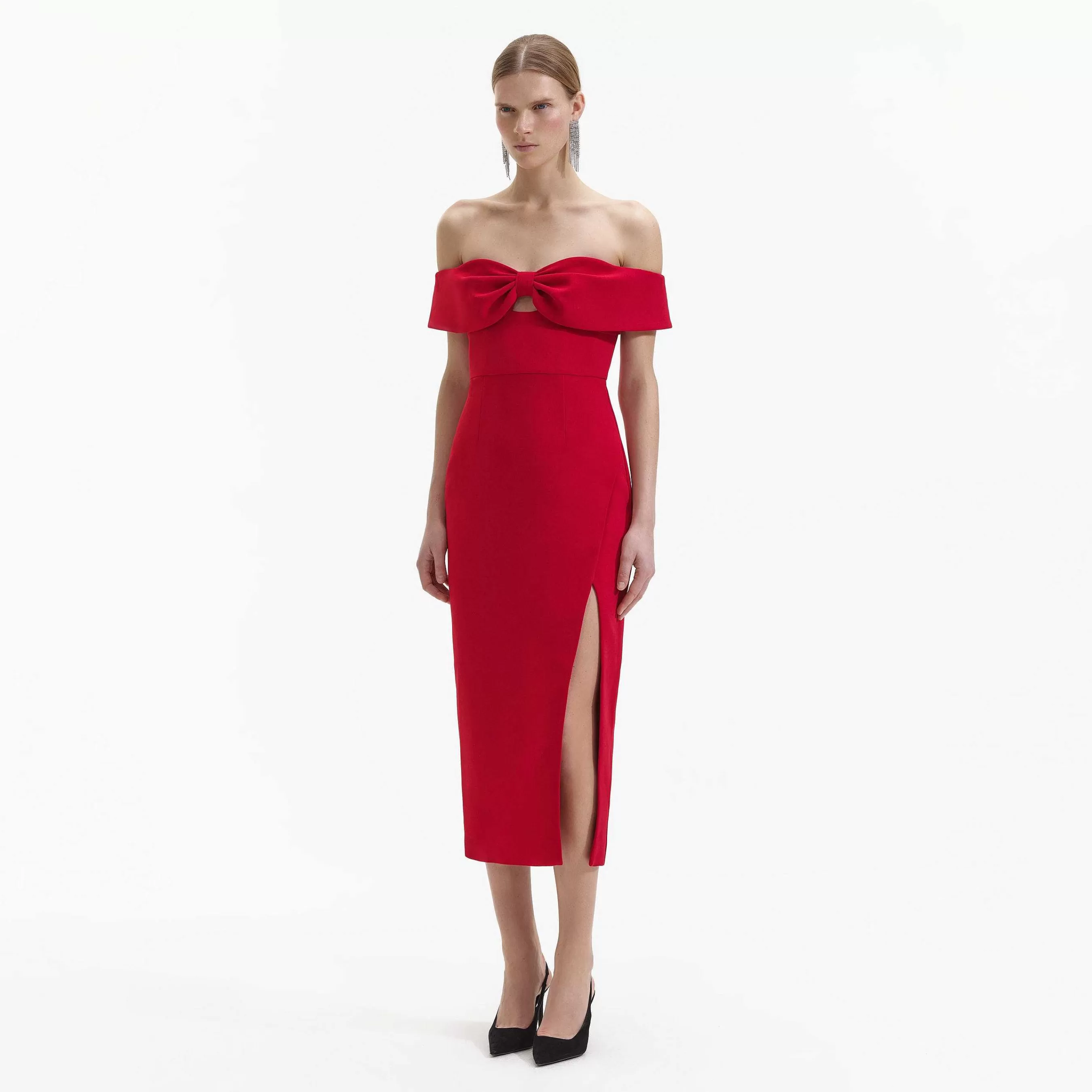 Self-portrait Bryllupsgjest>Rod Crepe Off Shoulder Bow Midi-Kjole