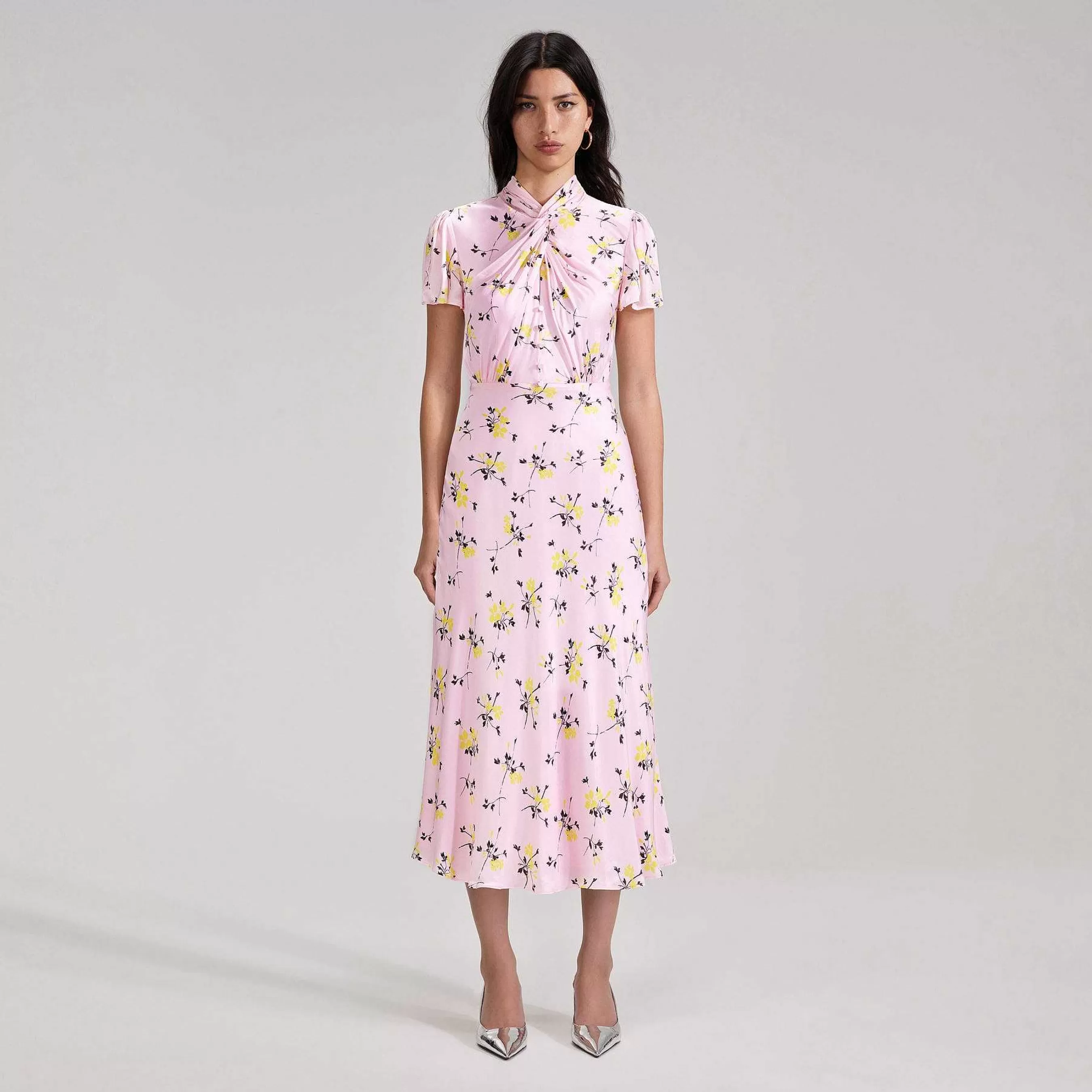 Self-portrait Brudepike>Rosa Floral Print Tiered Midi-Kjole