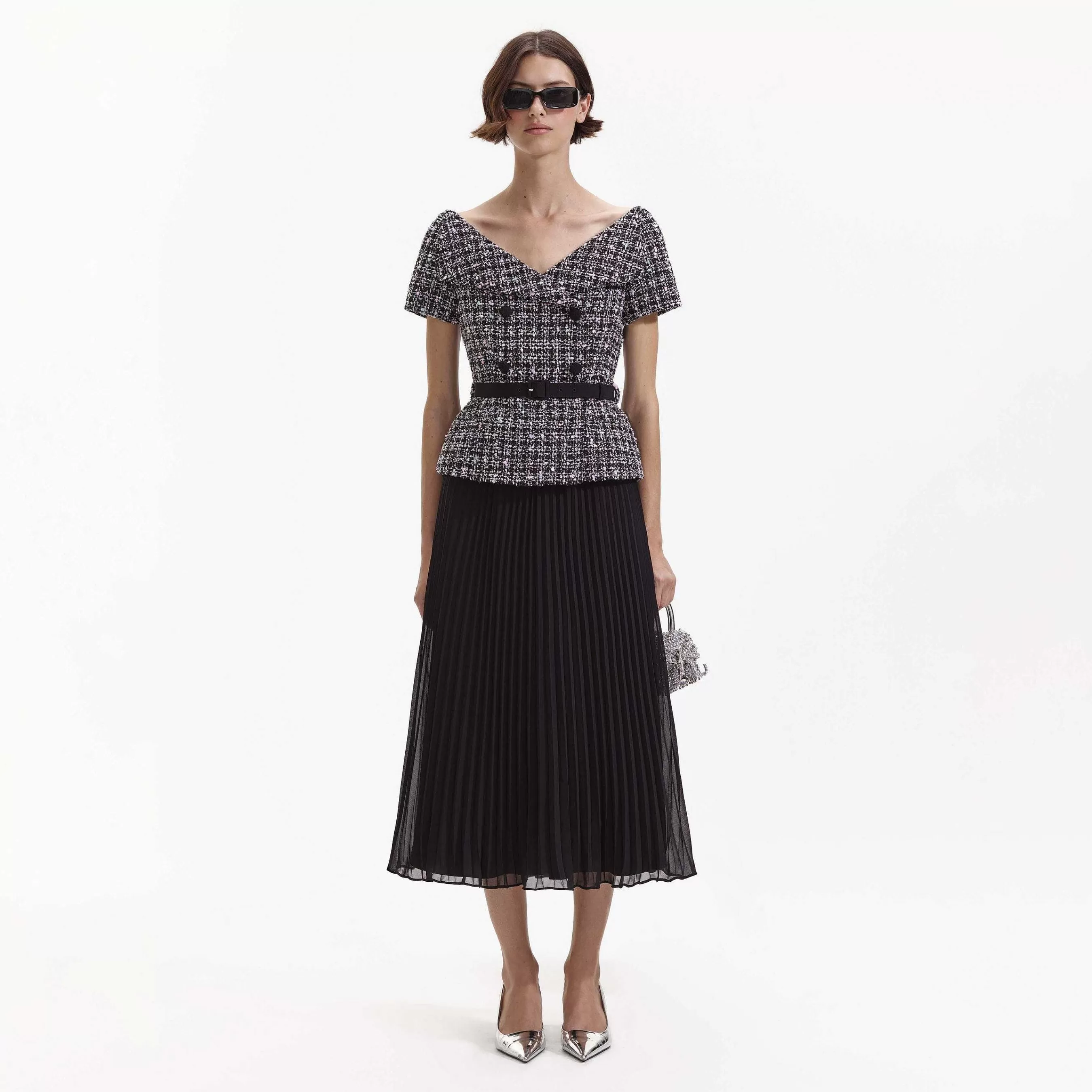 Self-portrait Bryllupsgjest>Sort Boucle Off Shoulder Midi-Kjole