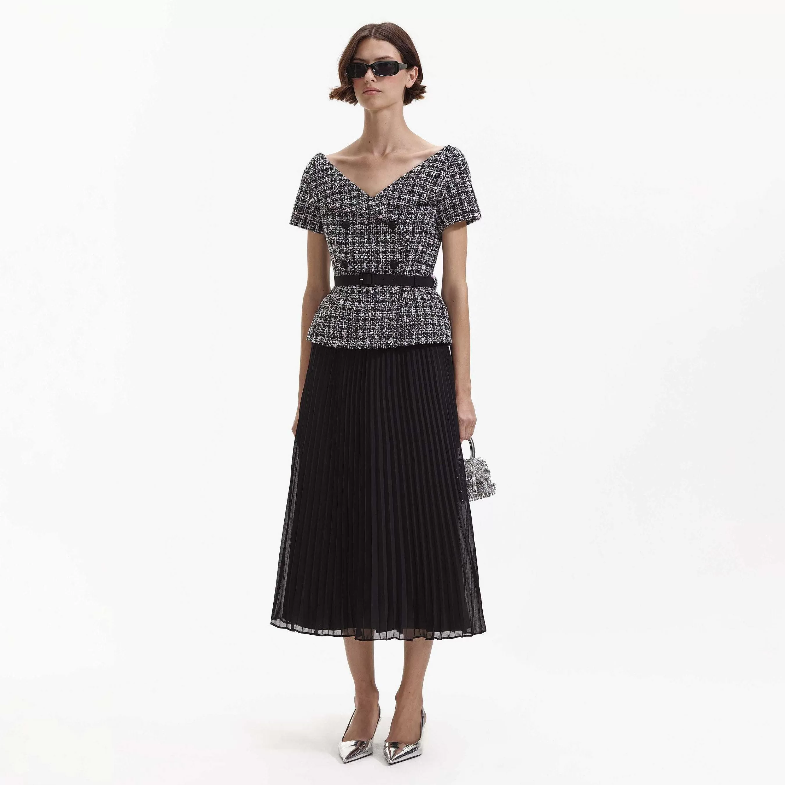 Self-portrait Bryllupsgjest>Sort Boucle Off Shoulder Midi-Kjole