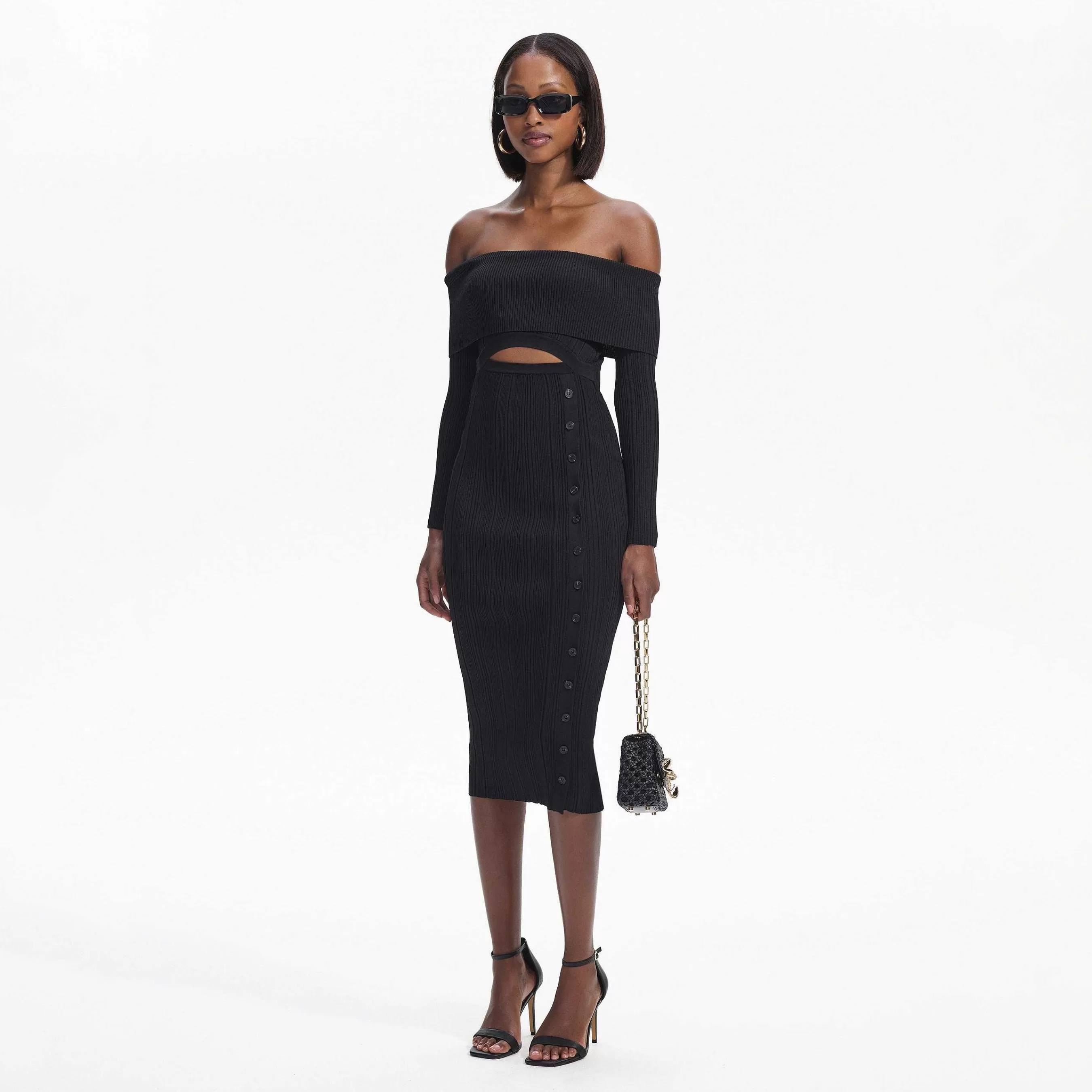 Self-portrait Strikkevarer>Sort Off Shoulder Knit Midi-Kjole