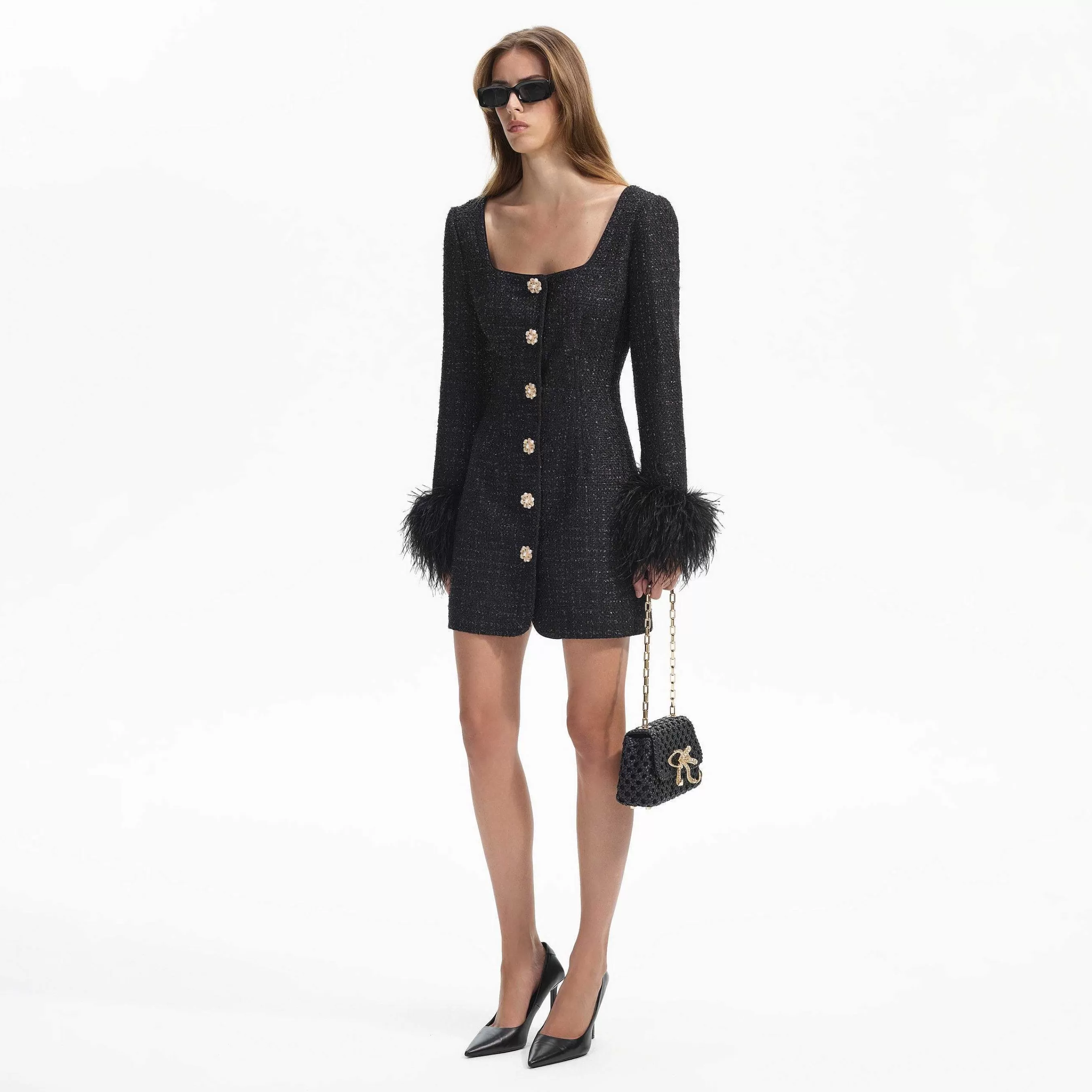 Self-portrait Bryllupsgjest>Svart Boucle Feather Mini Dress