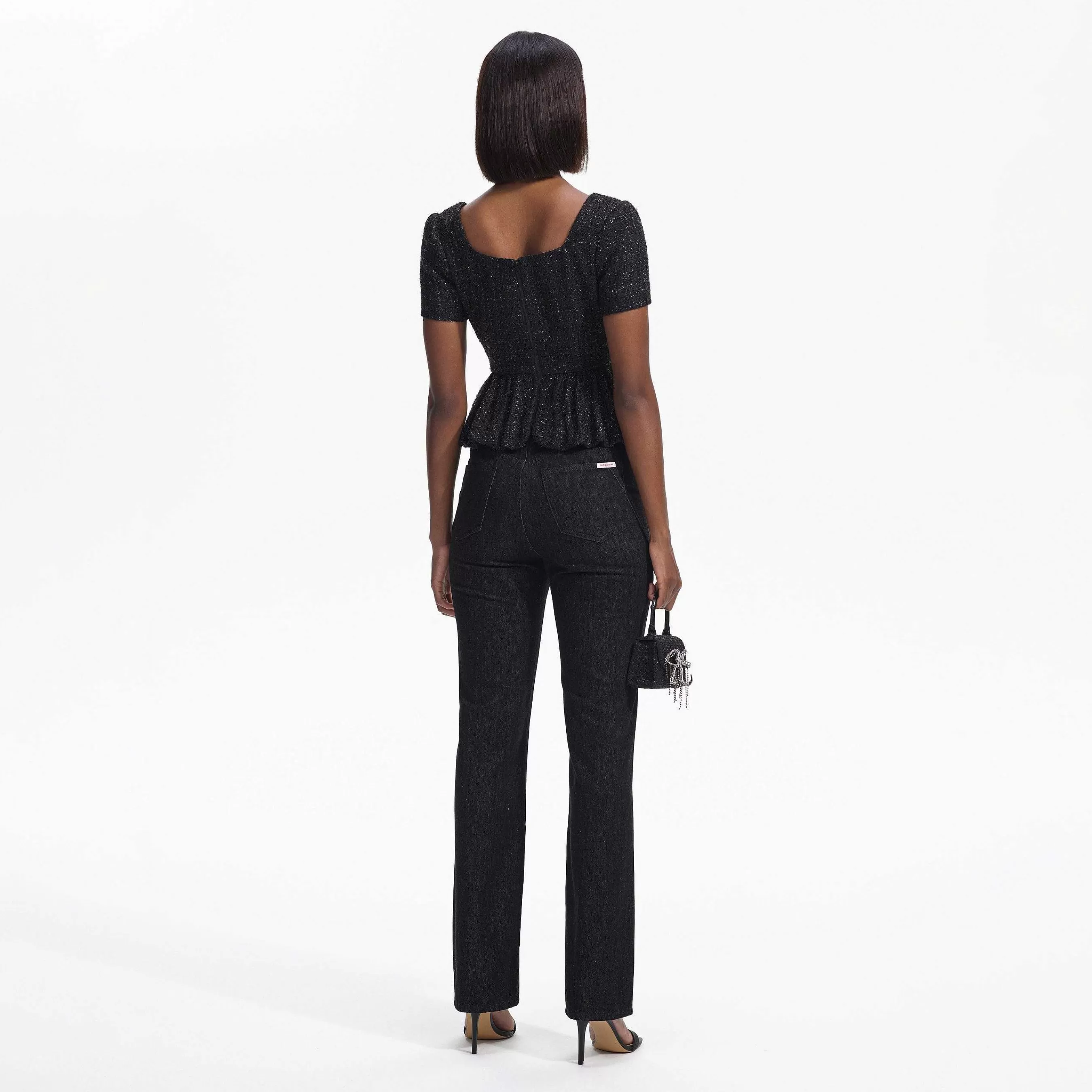 Self-portrait Topper>Svart Boucle Peplum Topp