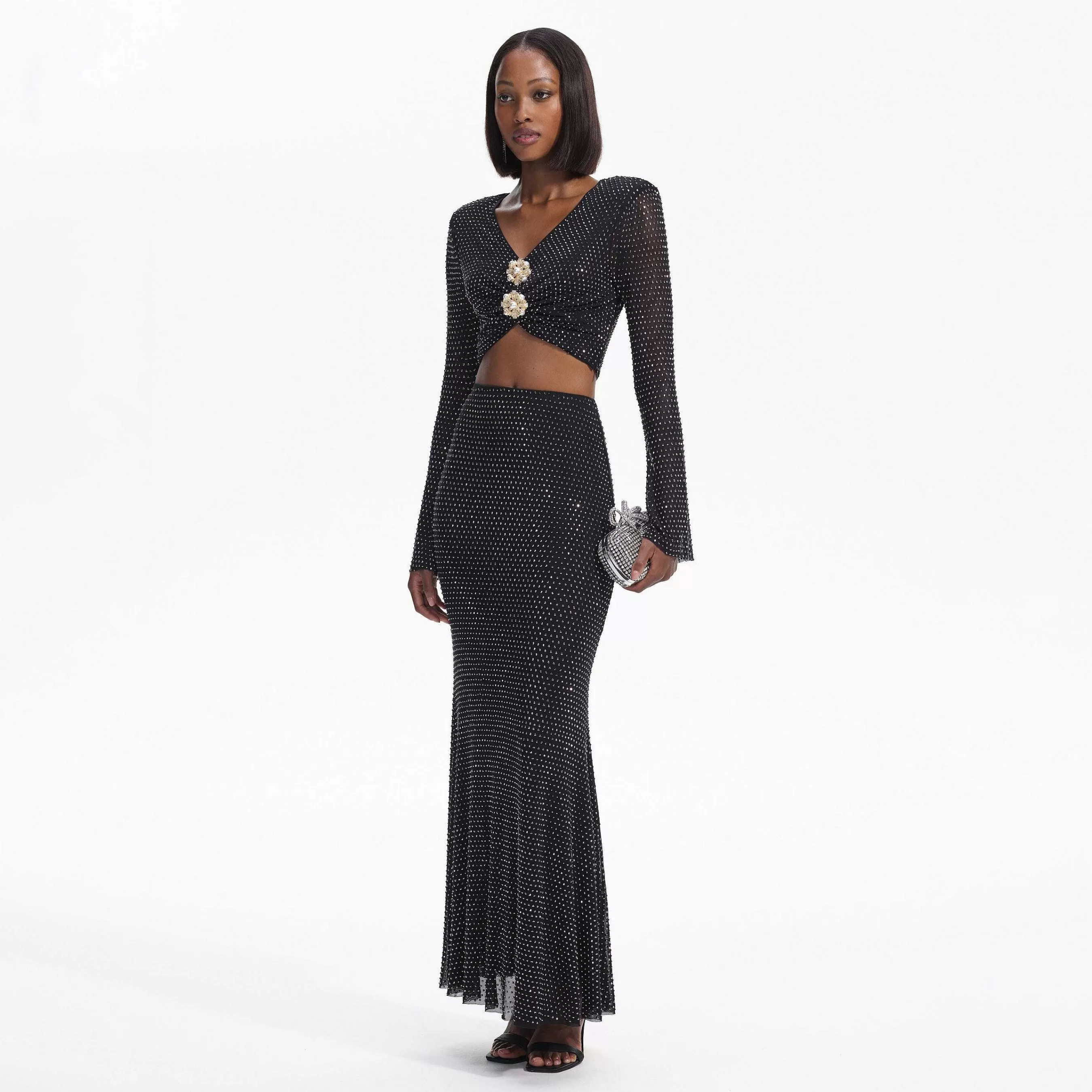 Self-portrait Topper>Svart Rhinestone Flared Sleeve Top