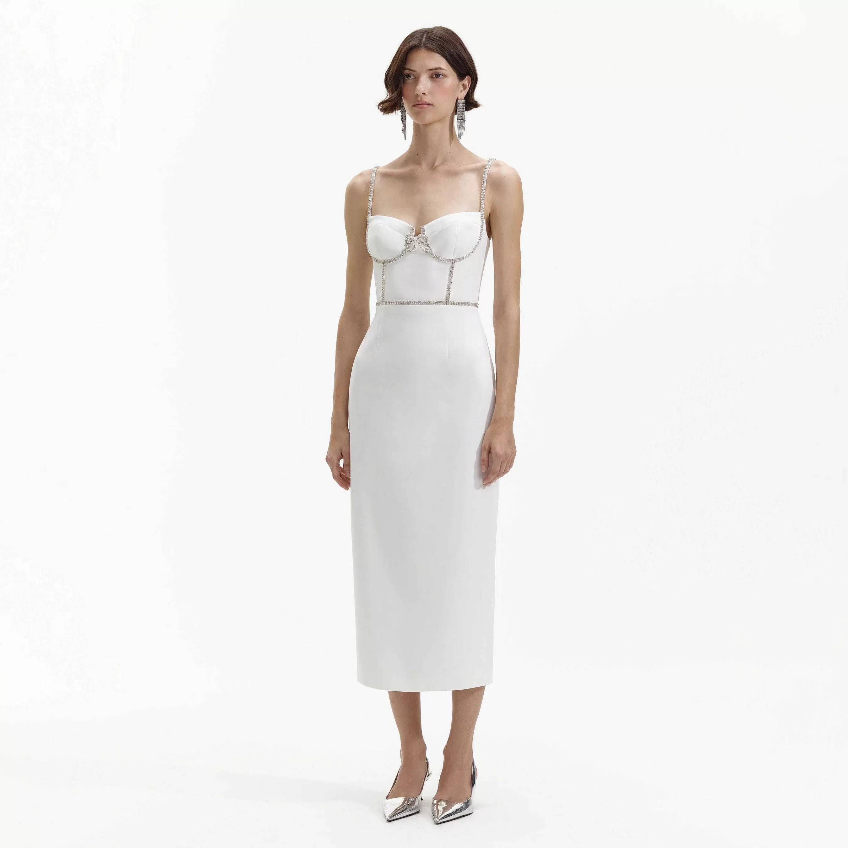 Self-portrait Brud>White Bonded Crepe Midi-Kjole